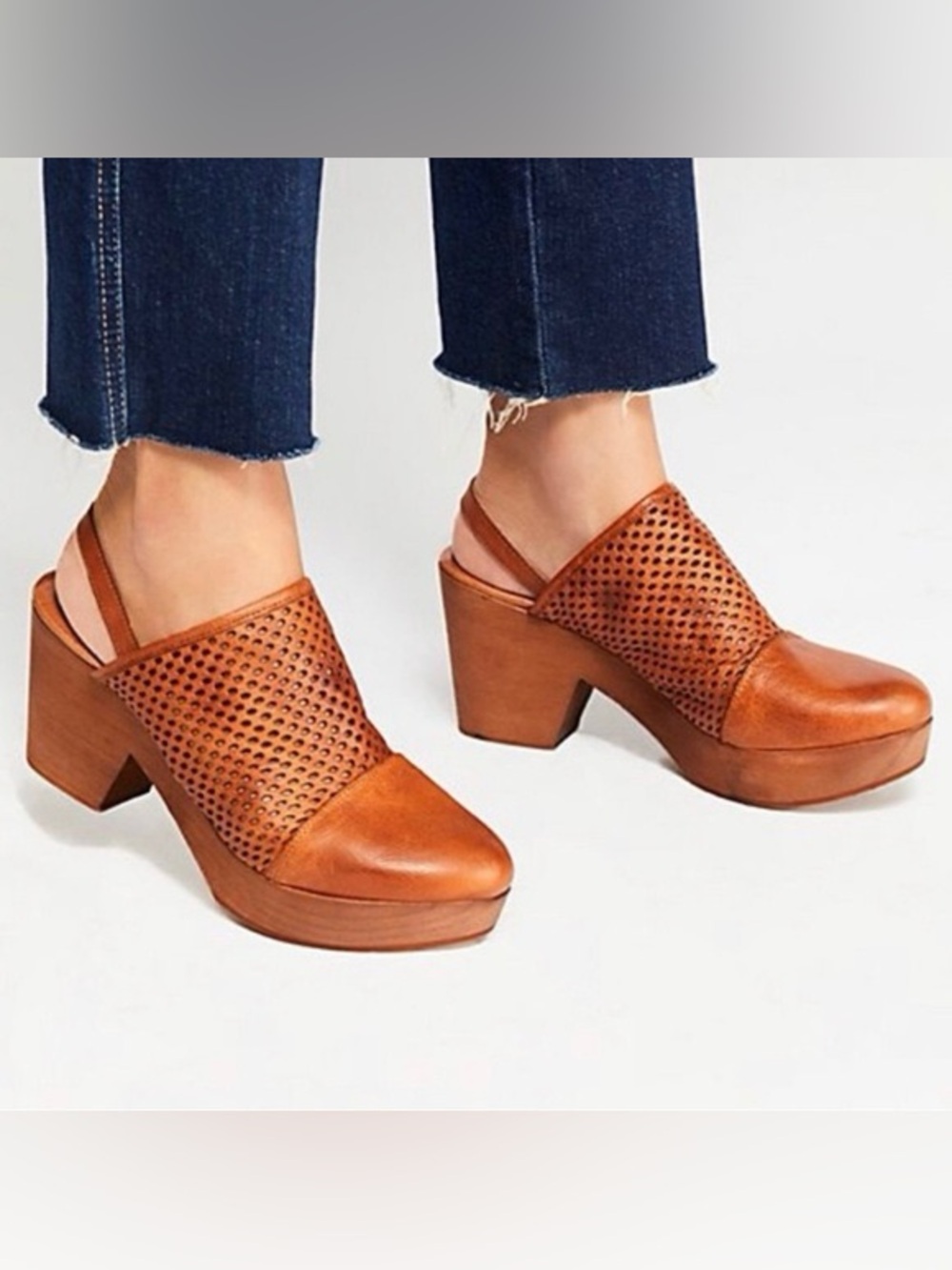 Free People Logan Tan Perforated Leather Slingback Clog Heels - Picture 2 of 15